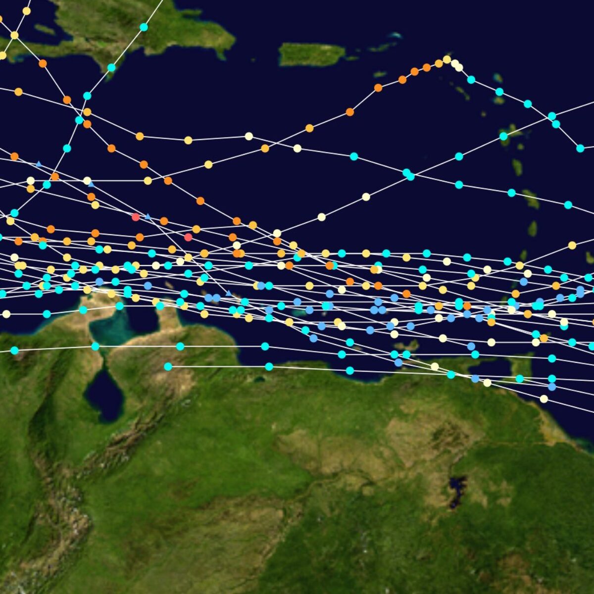 Track map of all North Atlantic tropical cyclones affecting South America from 1850