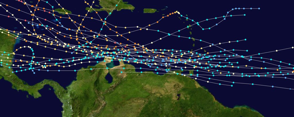 Track map of all North Atlantic tropical cyclones affecting South America from 1850